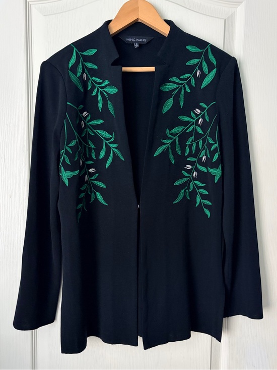 Ming Wang Jackets & Blazers - Ming Wang Black Green Embroidered Open Front Jacket Blazer Cardigan, Small